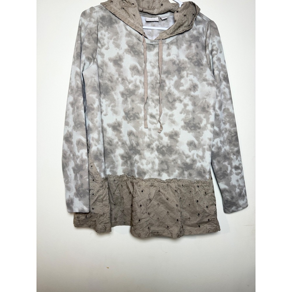 LOGO Lori Goldstein LIFE Tie Dye Waffle Knit Eyelet Peplum Hoodie XS Neutral